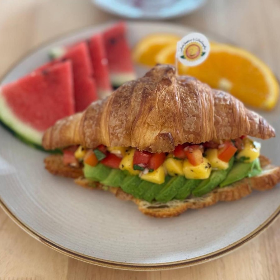 Mango-Avo Croissant - avocado and mango salsa on a flaky croissant