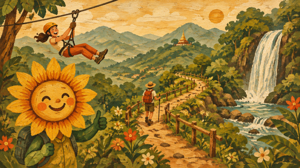 Illustrated banner of outdoor sports and activities near Chiang Mai, including ziplining and hiking