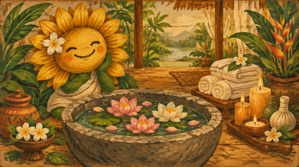 Illustrated banner of a relaxing Thai spa scene with lotus flowers, representing top spas and massages in Chiang Mai